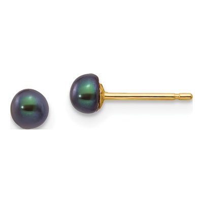 14K Yellow Gold Black Freshwater Cultured Pearl Button Stud Earrings