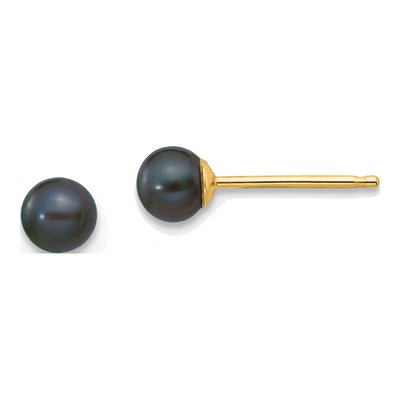 14K Yellow Gold Round Black Freshwater Cultured Pearl Stud Earrings