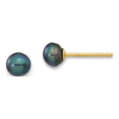 14K Yellow Gold Button Black Freshwater Cultured Pearl Stud Earrings