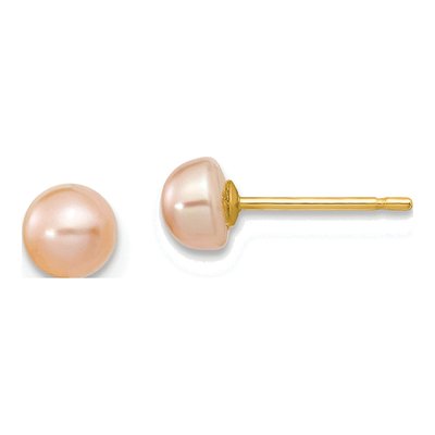 14K Yellow Gold Pink Freshwater Cultured Pearl Button Stud Earrings