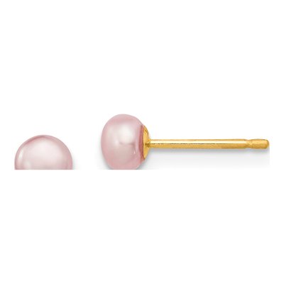 14K Yellow Gold Button Purple Freshwater Cultured Pearl Stud Earrings