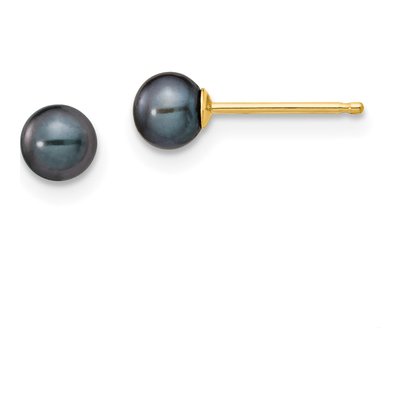 14K Yellow Gold Round Black Freshwater Cultured Pearl Stud Earrings