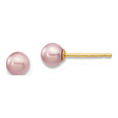 14K Yellow Gold Round Purple Freshwater Cultured Pearl Stud Earrings