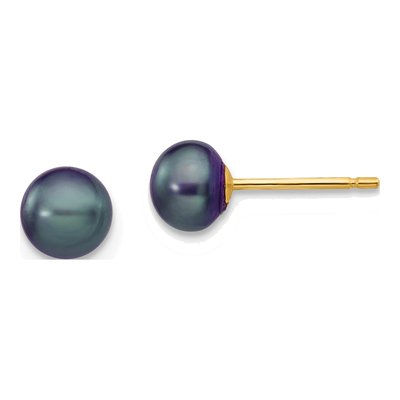 14K Yellow Gold Black Freshwater Cultured Pearl Button Stud Earrings