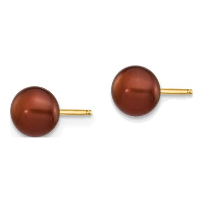 14K Yellow Gold Button Brown Freshwater Cultured Pearl Stud Earrings – view 2