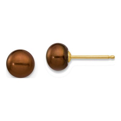 14K Yellow Gold Button Brown Freshwater Cultured Pearl Stud Earrings