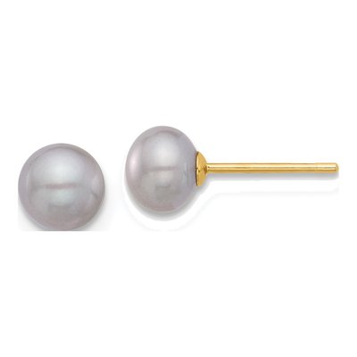 14K Yellow Gold Grey Freshwater Cultured Pearl Button Stud Earrings