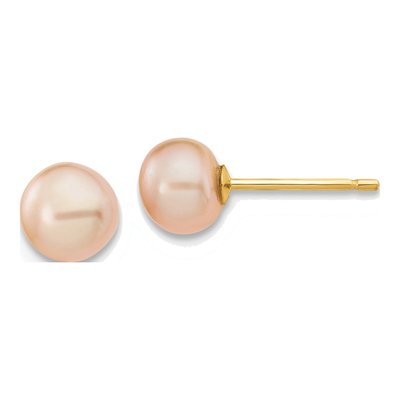 14K Yellow Gold Pink Freshwater Cultured Pearl Button Stud Earrings