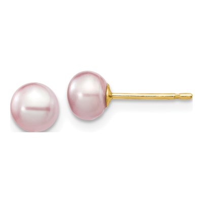 14K Yellow Gold Button Purple Freshwater Cultured Pearl Stud Earrings