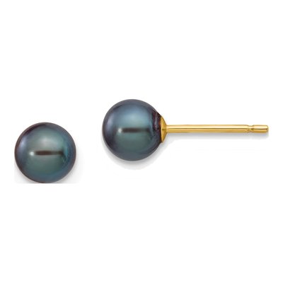 14K Yellow Gold Round Black Freshwater Cultured Pearl Stud Earrings