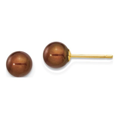 14K Yellow Gold Round Brown Freshwater Cultured Pearl Stud Earrings
