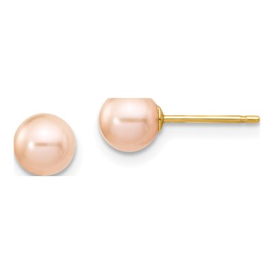 14K Yellow Gold Round Pink Freshwater Cultured Pearl Stud Earrings