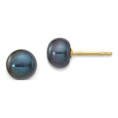 14K Yellow Gold Black Freshwater Cultured Pearl Button Stud Earrings