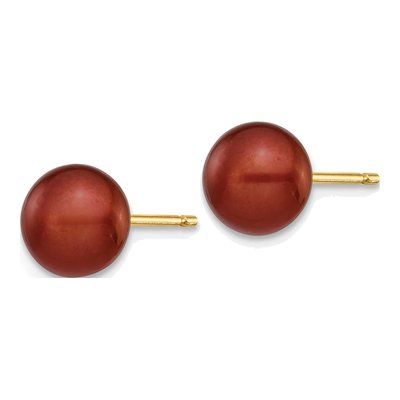 14K Yellow Gold Brown Freshwater Cultured Pearl Button Stud Earrings – view 2