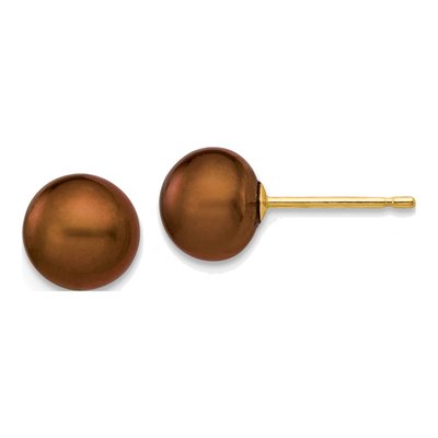 14K Yellow Gold Brown Freshwater Cultured Pearl Button Stud Earrings