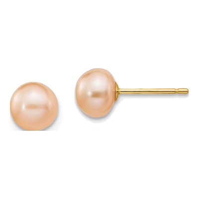 14K Yellow Gold Pink Freshwater Cultured Pearl Button Stud Earrings