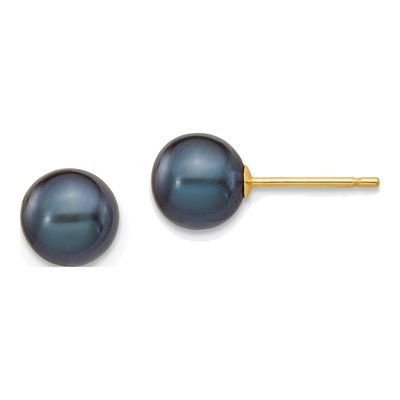 14K Yellow Gold Round Black Freshwater Cultured Pearl Stud Earrings
