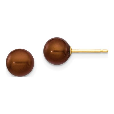 14K Yellow Gold Round Brown Freshwater Cultured Pearl Stud Earrings