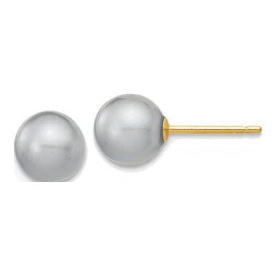 14K Yellow Gold Round Grey Freshwater Cultured Pearl Stud Earrings
