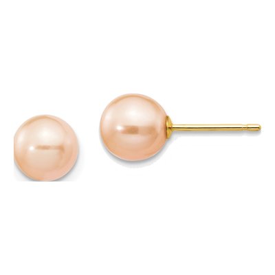 14K Yellow Gold Round Pink Freshwater Cultured Pearl Stud Earrings
