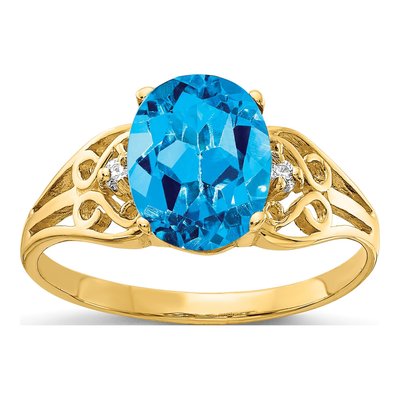 14K Yellow Gold Swiss Blue Topaz & Diamond Oval Ring
