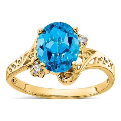 14K Yellow Gold Swiss Blue Topaz & Diamond Oval Ring