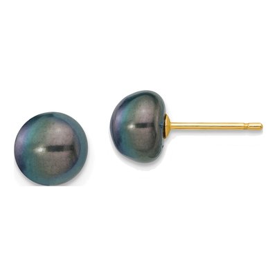 14K Yellow Gold Black Freshwater Cultured Pearl Button Stud Earrings