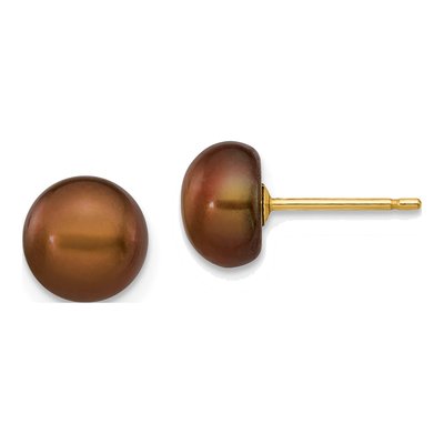 14K Yellow Gold Brown Freshwater Cultured Pearl Button Stud Earrings