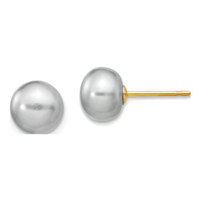 14K Yellow Gold Grey Freshwater Cultured Pearl Button Stud Earrings
