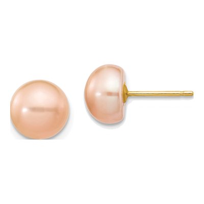 14K Yellow Gold Button Pink Freshwater Cultured Pearl Stud Earrings