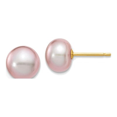 14K Yellow Gold Purple Freshwater Cultured Pearl Button Stud Earrings