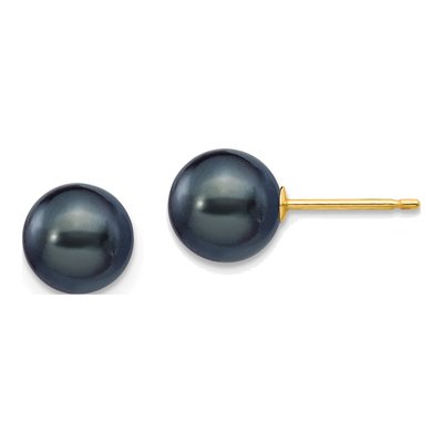 14K Yellow Gold Round Black Freshwater Cultured Pearl Stud Earrings