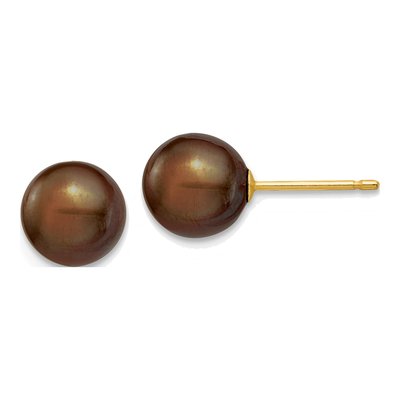 14K Yellow Gold Round Brown Freshwater Cultured Pearl Stud Earrings