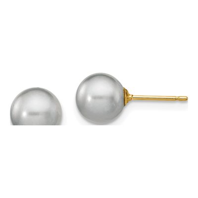 14K Yellow Gold Round Grey Freshwater Cultured Pearl Stud Earrings