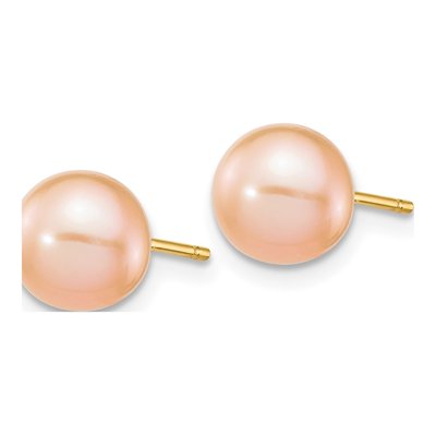 14K Yellow Gold Round Pink Freshwater Cultured Pearl Stud Earrings – view 2