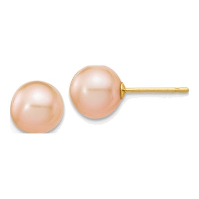 14K Yellow Gold Round Pink Freshwater Cultured Pearl Stud Earrings