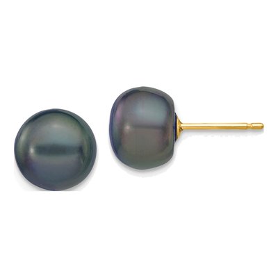 14K Yellow Gold Button Black Freshwater Cultured Pearl Stud Earrings