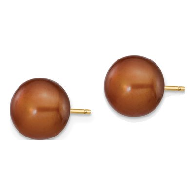 14K Yellow Gold Brown Freshwater Cultured Pearl Button Stud Earrings – view 2