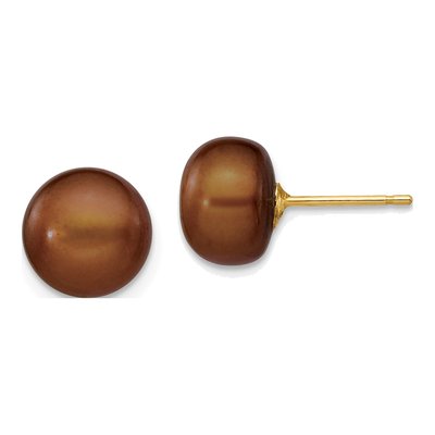 14K Yellow Gold Brown Freshwater Cultured Pearl Button Stud Earrings