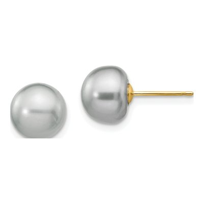 14K Yellow Gold Grey Freshwater Cultured Pearl Button Stud Earrings
