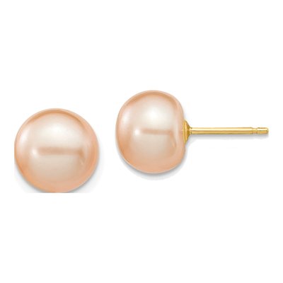 14K Yellow Gold Button Pink Freshwater Cultured Pearl Stud Earrings
