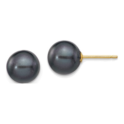 14K Yellow Gold Round Black Freshwater Cultured Pearl Stud Earrings
