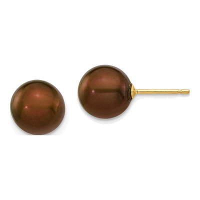 14K Yellow Gold Round Brown Freshwater Cultured Pearl Stud Earrings