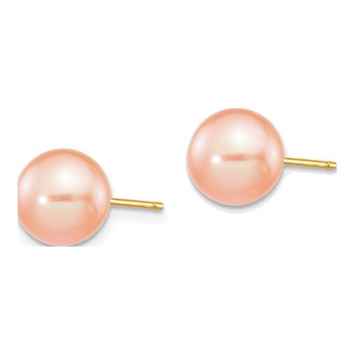 14K Yellow Gold Round Pink Freshwater Cultured Pearl Stud Earrings – view 2