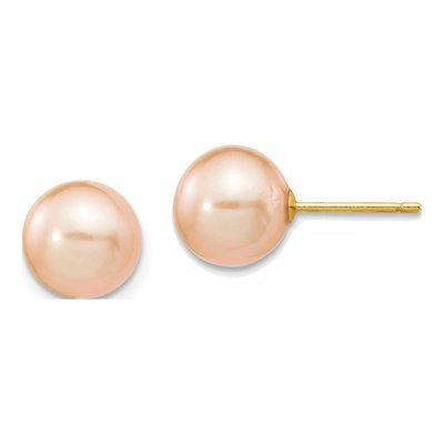14K Yellow Gold Round Pink Freshwater Cultured Pearl Stud Earrings
