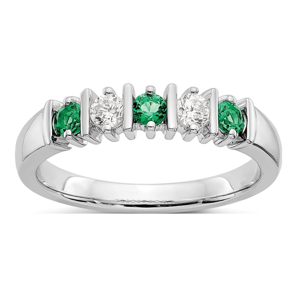 14K White Gold Rhodium-Plated 1/5 Carat Diamond And Emerald Complete Band