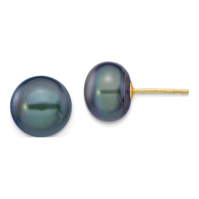 14K Yellow Gold Black Freshwater Cultured Pearl Button Stud Earrings