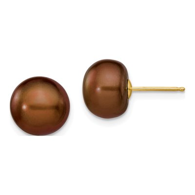 14K Yellow Gold Brown Freshwater Cultured Pearl Button Stud Earrings