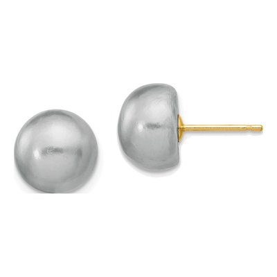 14K Yellow Gold Grey Freshwater Cultured Pearl Button Stud Earrings
