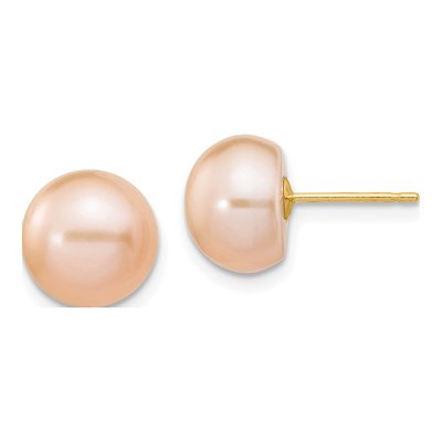 14K Yellow Gold Button Pink Freshwater Cultured Pearl Stud Earrings